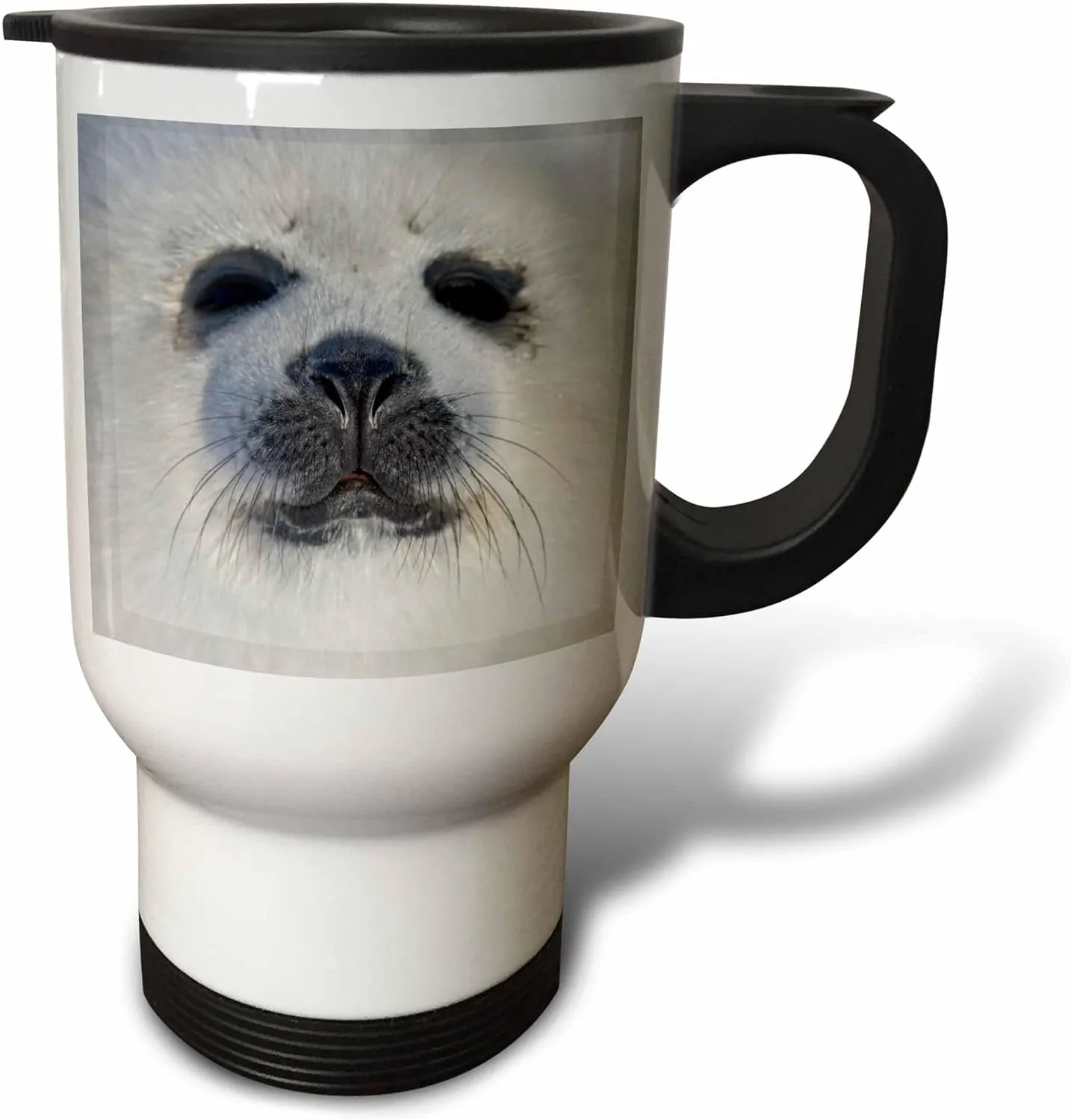 3dRose " Harp Seal Pup Iles De La Madeleine Quebec Canada CN10 KSU0030 Keren Su Stainless Steel" Travel Mug, 14 oz, Multicolor