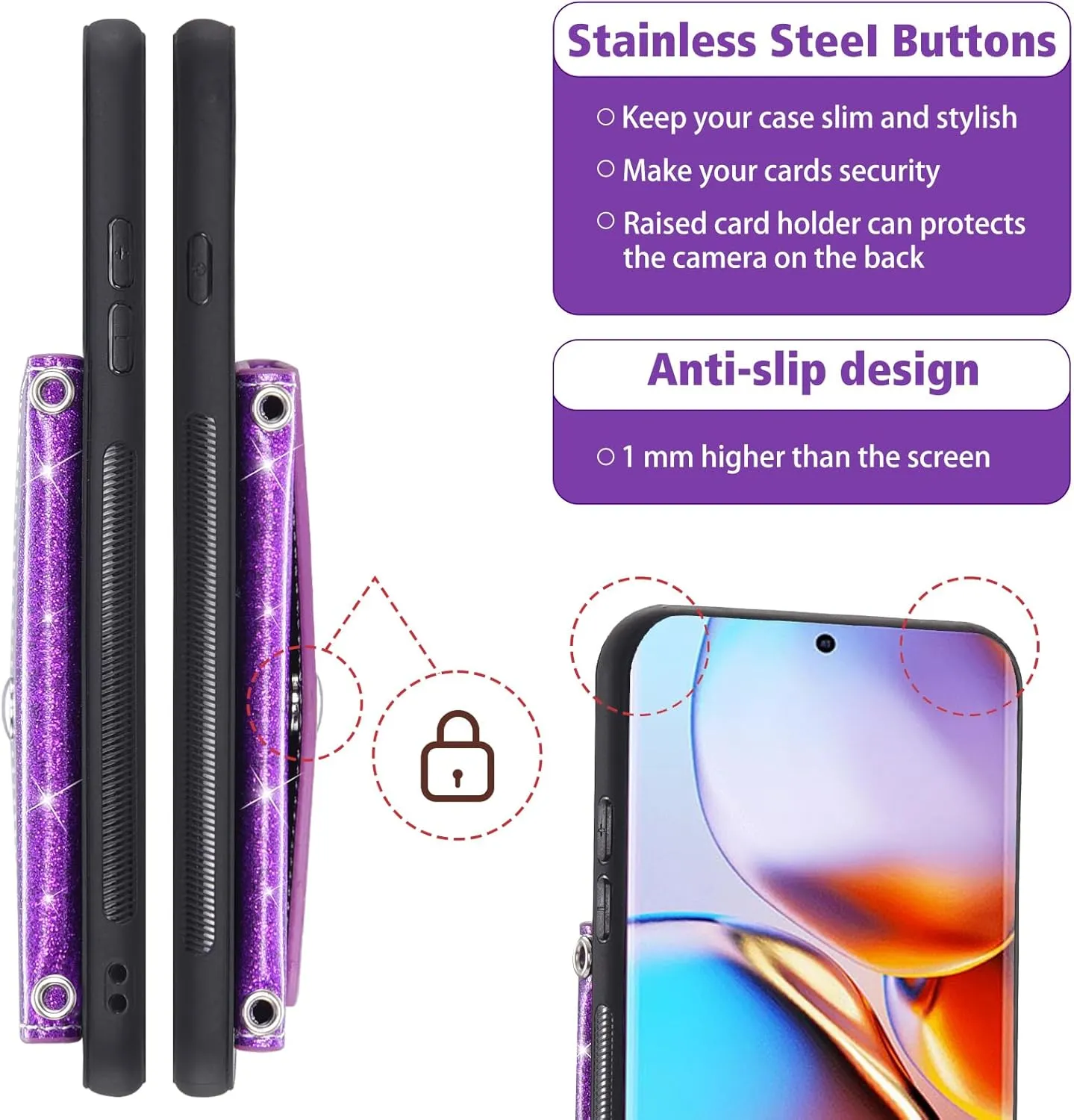 Asuwish Phone Case for Motorola Edge  Plus 2023/Edge 40 Pro 5G/Moto X40 Wallet Cover with Tempered Glass Screen Protector and Crossbody Strap Lanyard Bling Glitter Credit Card Holder Stand X   Purple