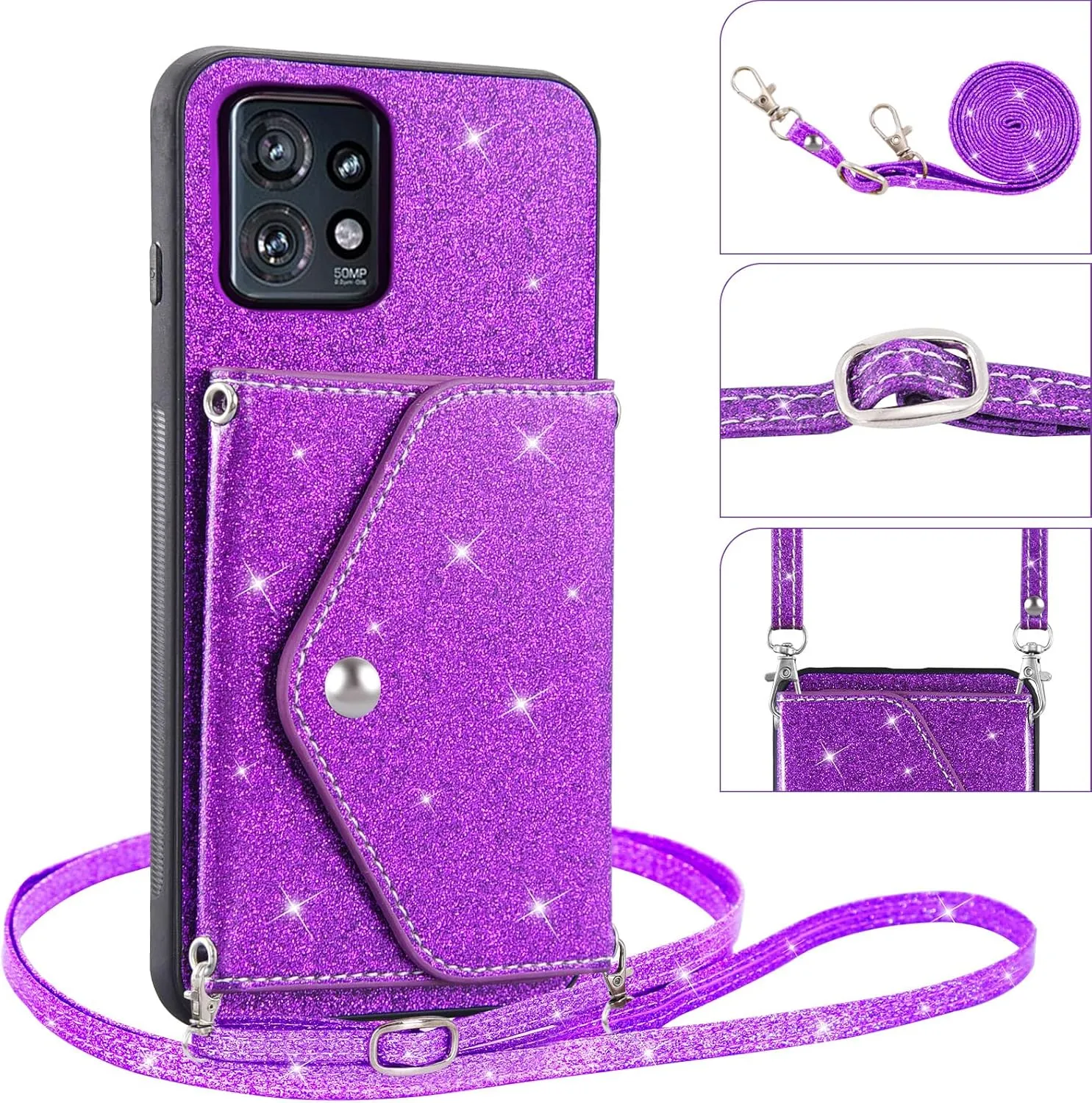 Asuwish Phone Case for Motorola Edge  Plus 2023/Edge 40 Pro 5G/Moto X40 Wallet Cover with Tempered Glass Screen Protector and Crossbody Strap Lanyard Bling Glitter Credit Card Holder Stand X   Purple