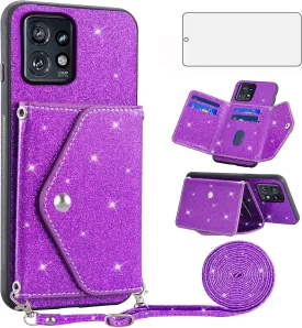 Asuwish Phone Case for Motorola Edge  Plus 2023/Edge 40 Pro 5G/Moto X40 Wallet Cover with Tempered Glass Screen Protector and Crossbody Strap Lanyard Bling Glitter Credit Card Holder Stand X   Purple