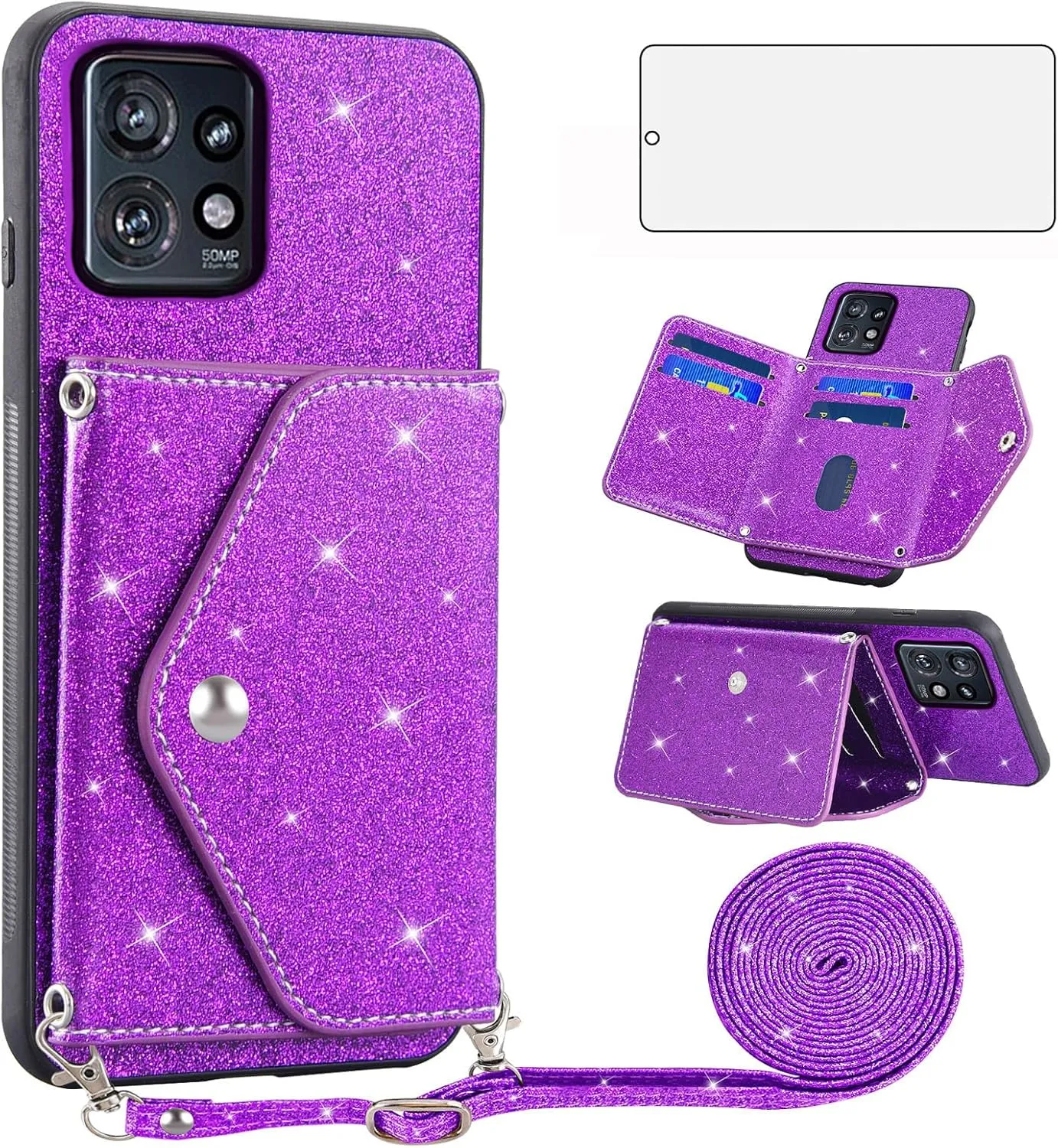 Asuwish Phone Case for Motorola Edge  Plus 2023/Edge 40 Pro 5G/Moto X40 Wallet Cover with Tempered Glass Screen Protector and Crossbody Strap Lanyard Bling Glitter Credit Card Holder Stand X   Purple