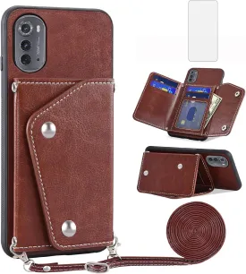 Asuwish Phone Case for Motorola Moto Edge 2022/MotoEdge 5G UW 2022 Wallet Cover with Tempered Glass Screen Protector Card Holder Crossbody Strap Cell Accessories Gen 3 XT2205-1 XT2205-2 6.6 Men Brown