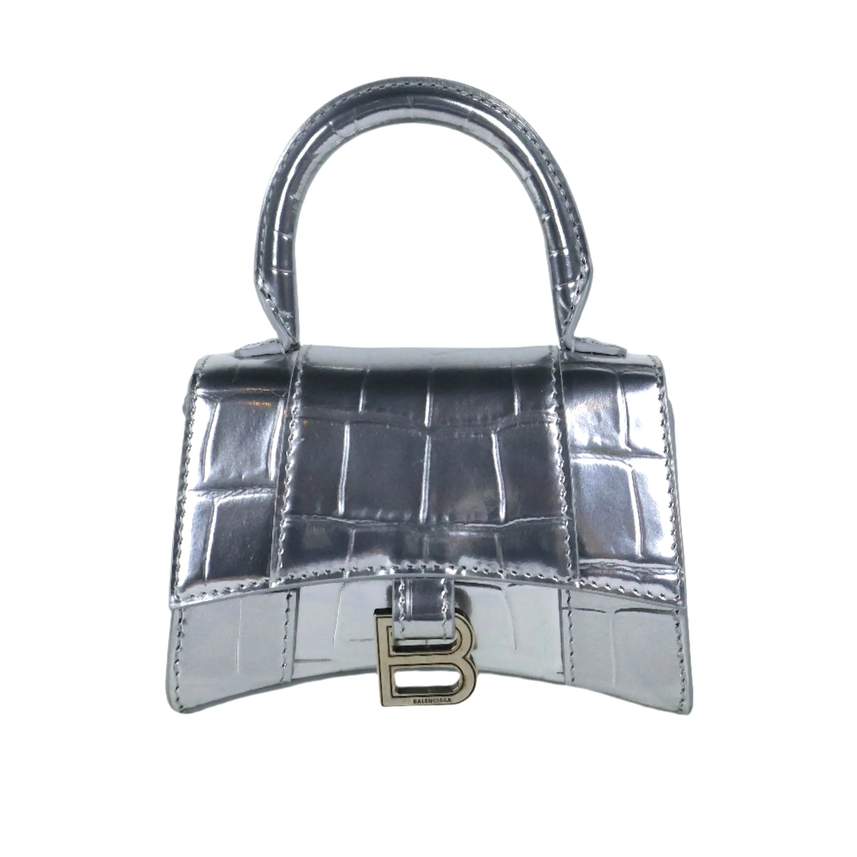 Balenciaga Hourglas Extra Small Croc Embossed Silver