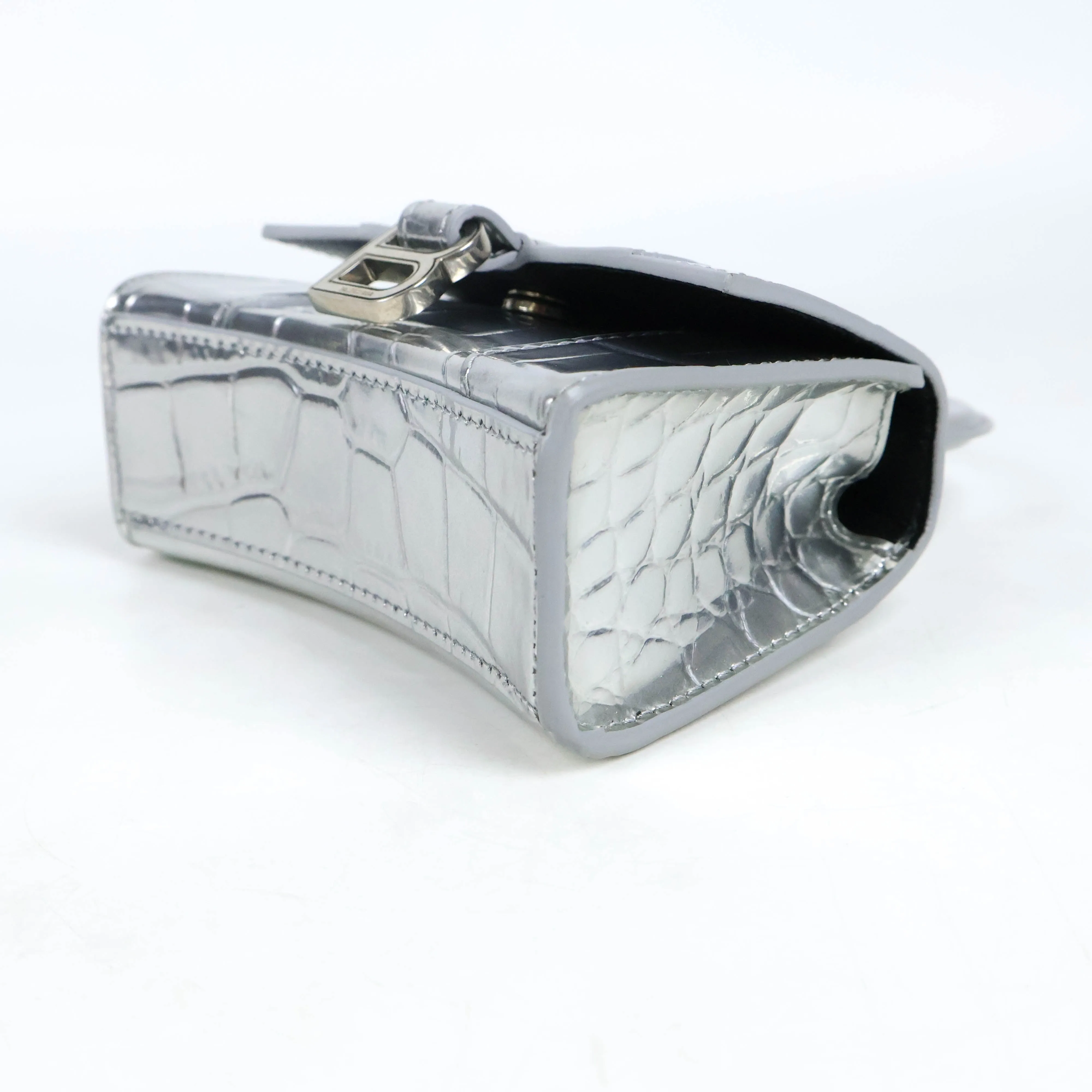 Balenciaga Hourglas Extra Small Croc Embossed Silver