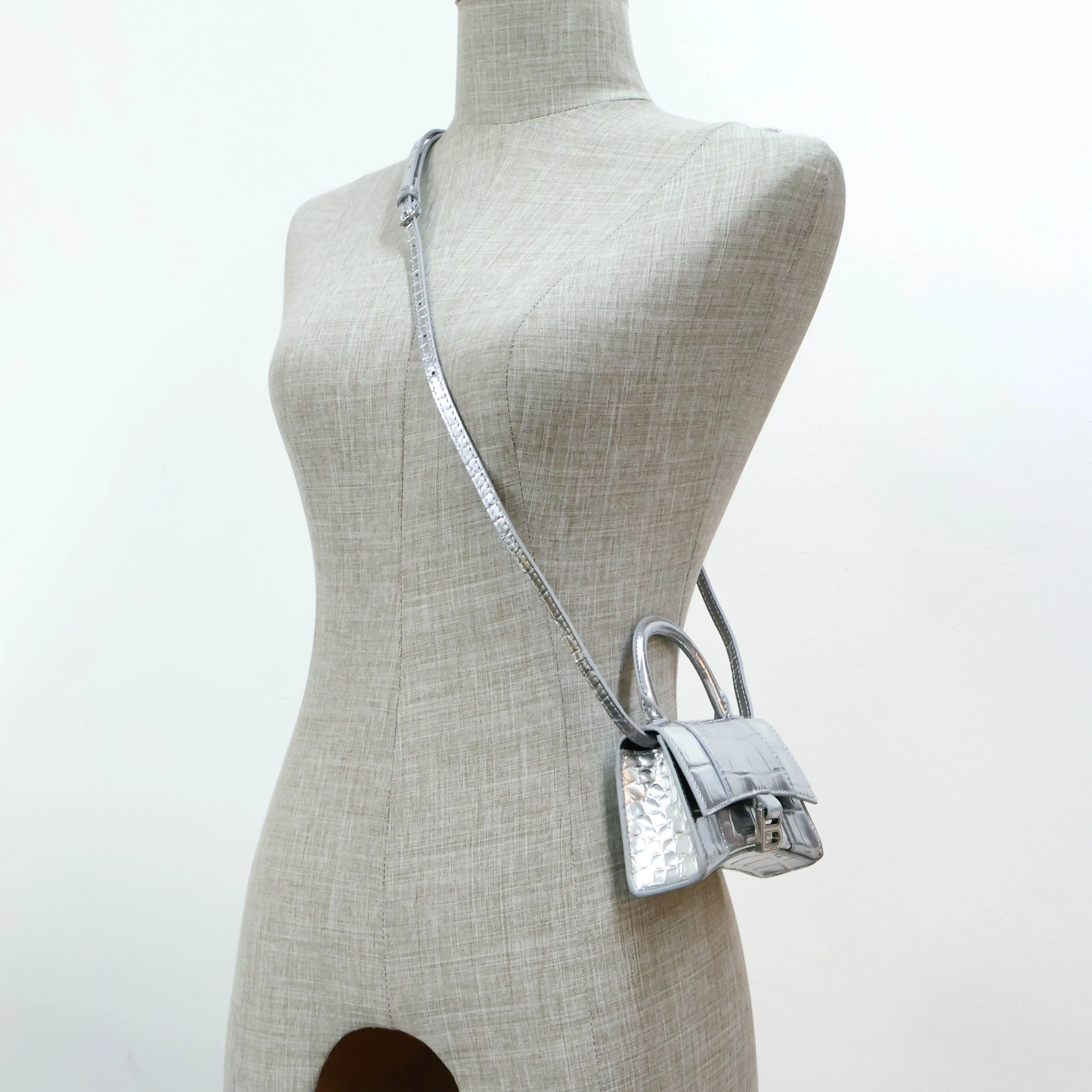 Balenciaga Hourglas Extra Small Croc Embossed Silver