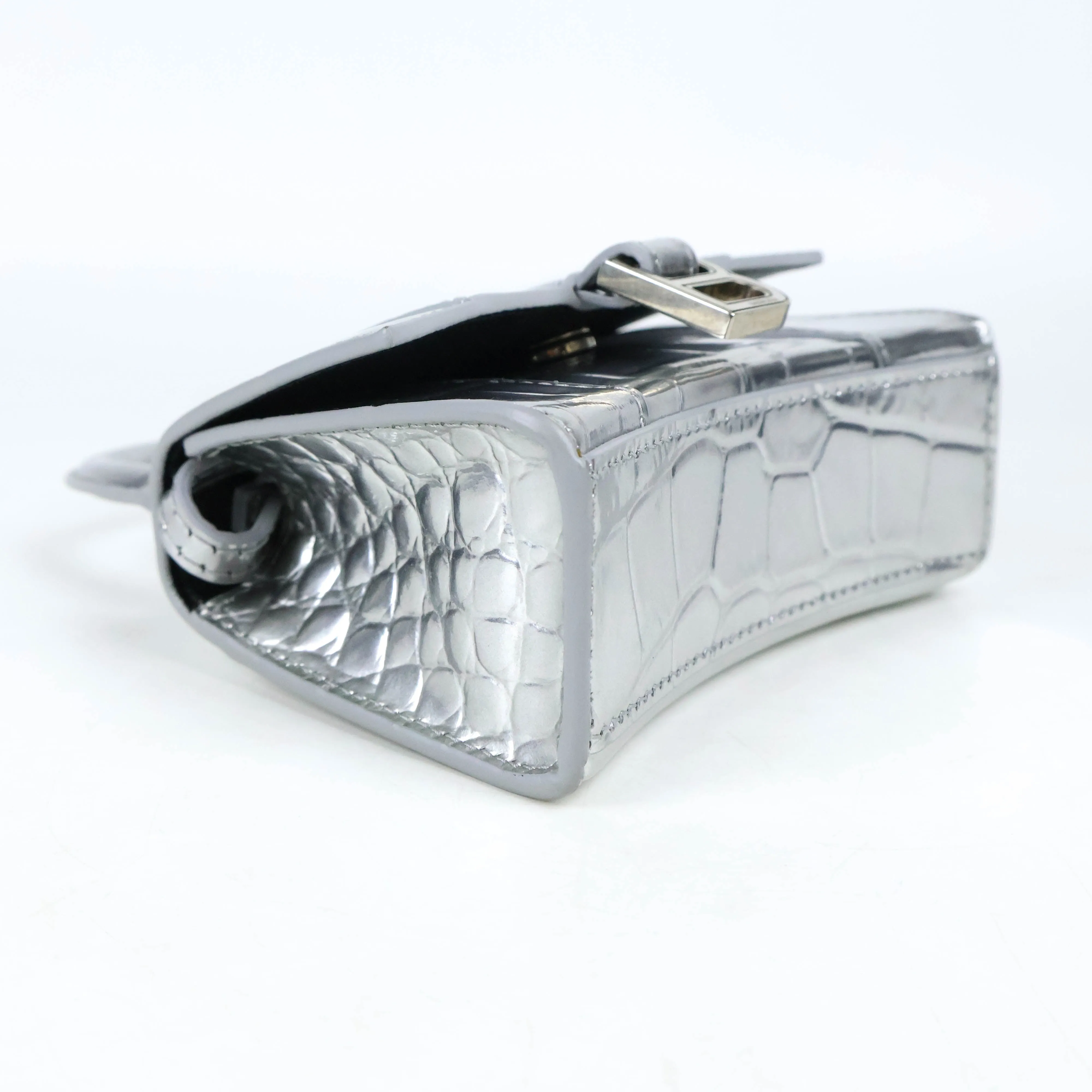 Balenciaga Hourglas Extra Small Croc Embossed Silver