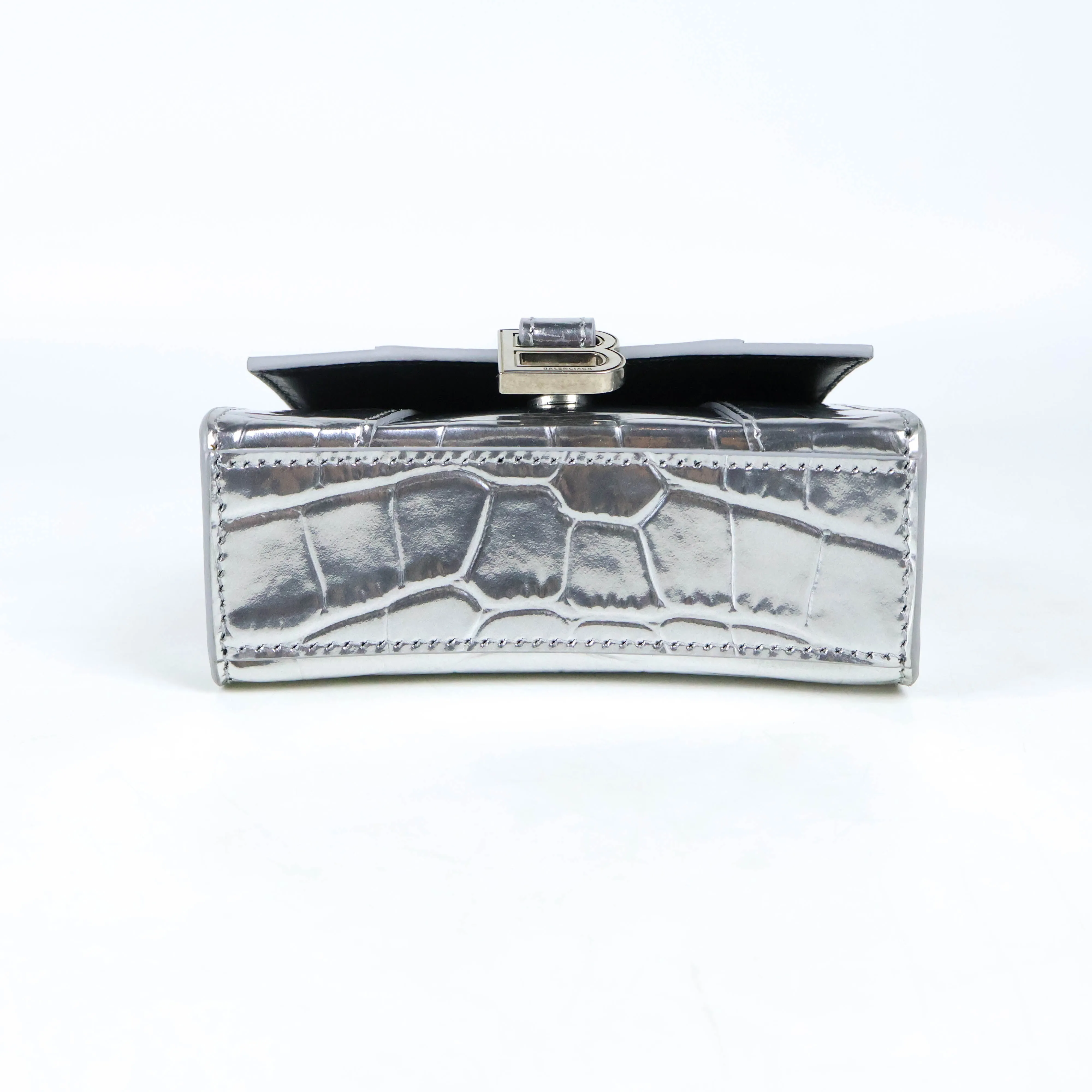 Balenciaga Hourglas Extra Small Croc Embossed Silver
