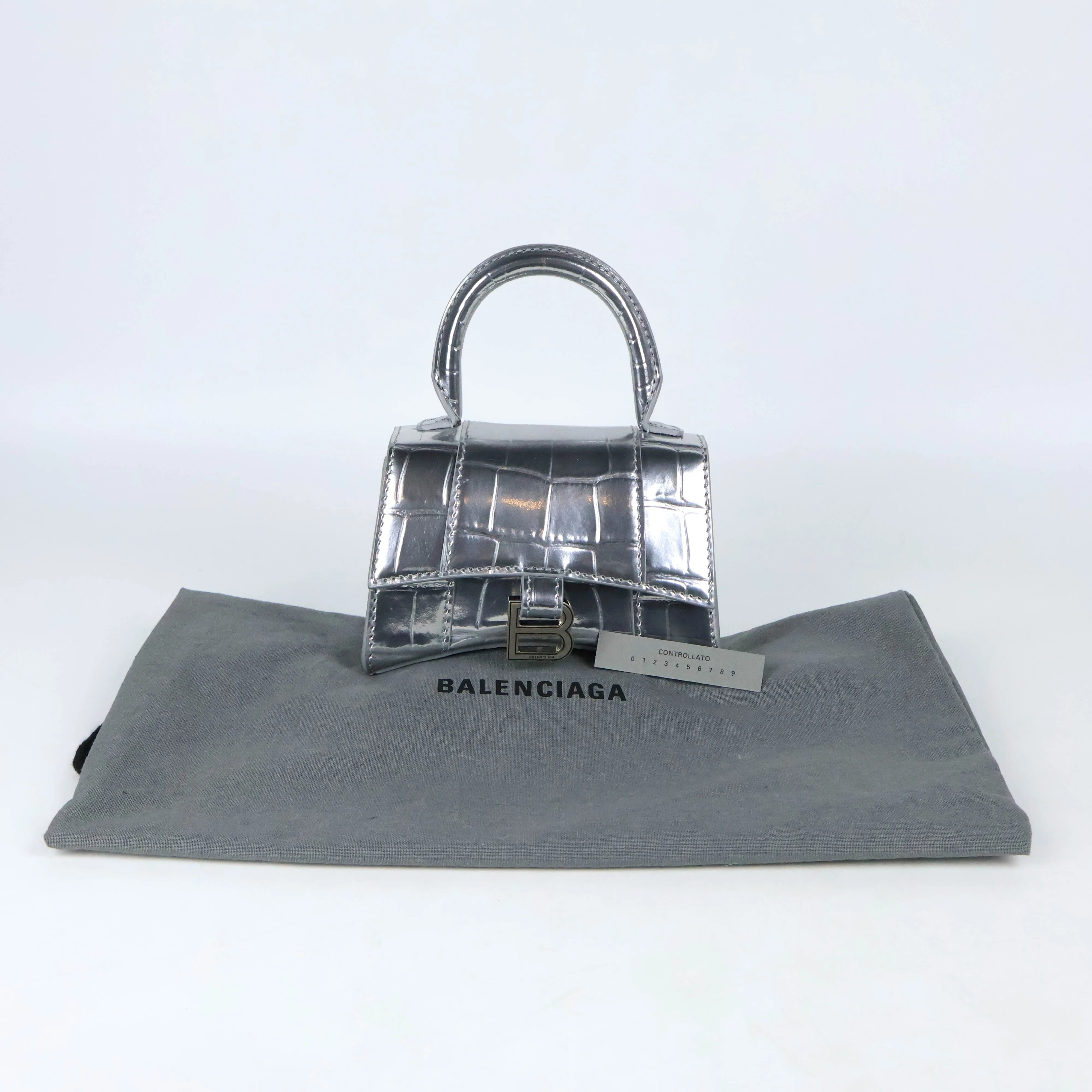 Balenciaga Hourglas Extra Small Croc Embossed Silver