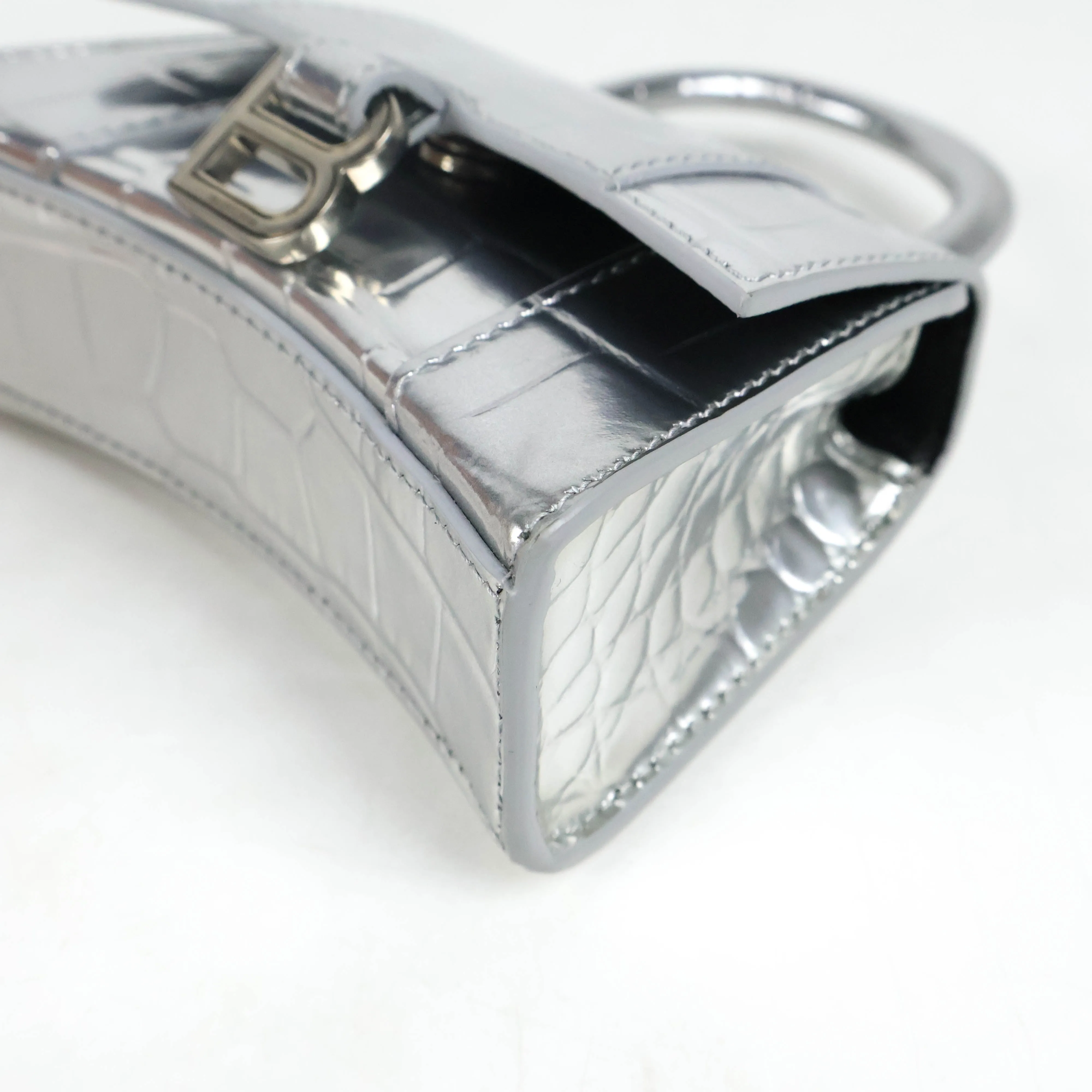 Balenciaga Hourglas Extra Small Croc Embossed Silver