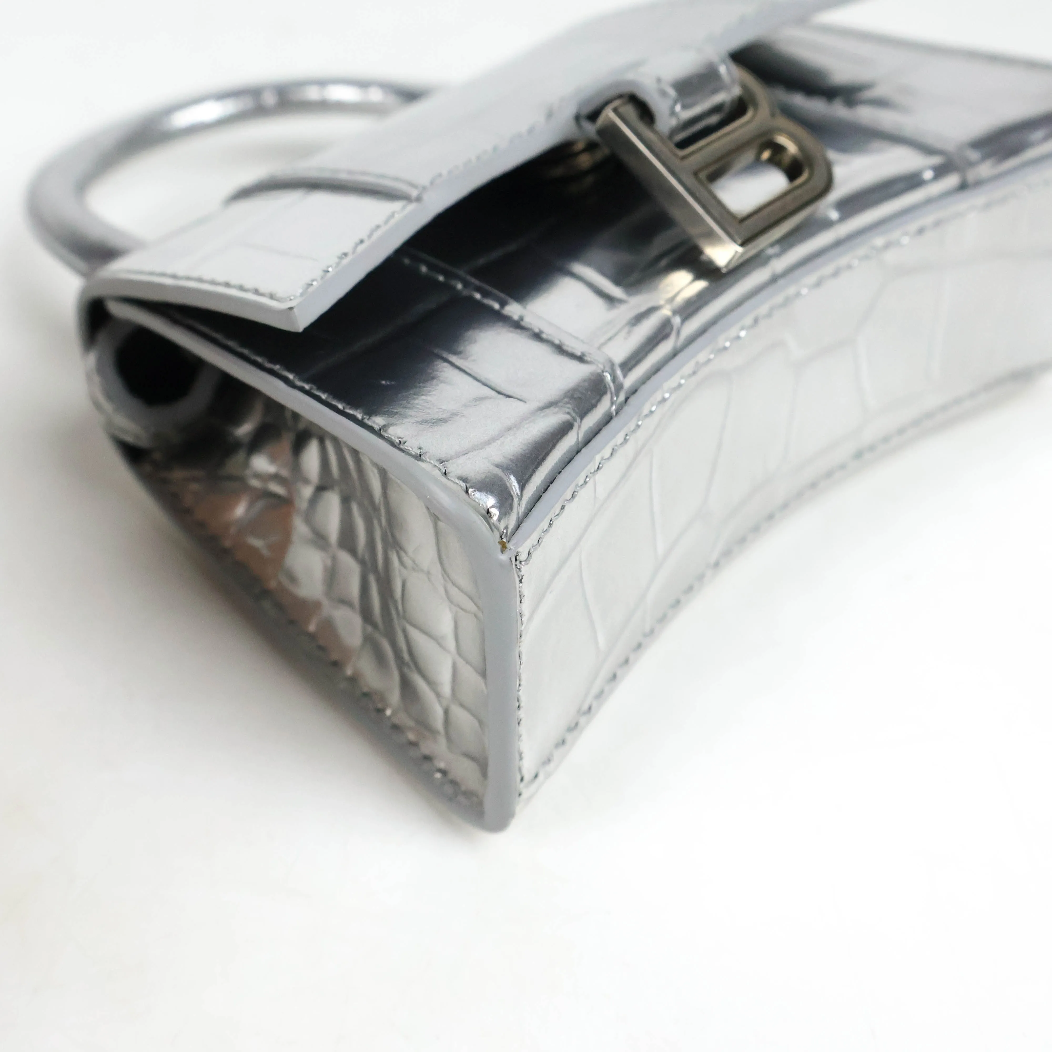 Balenciaga Hourglas Extra Small Croc Embossed Silver