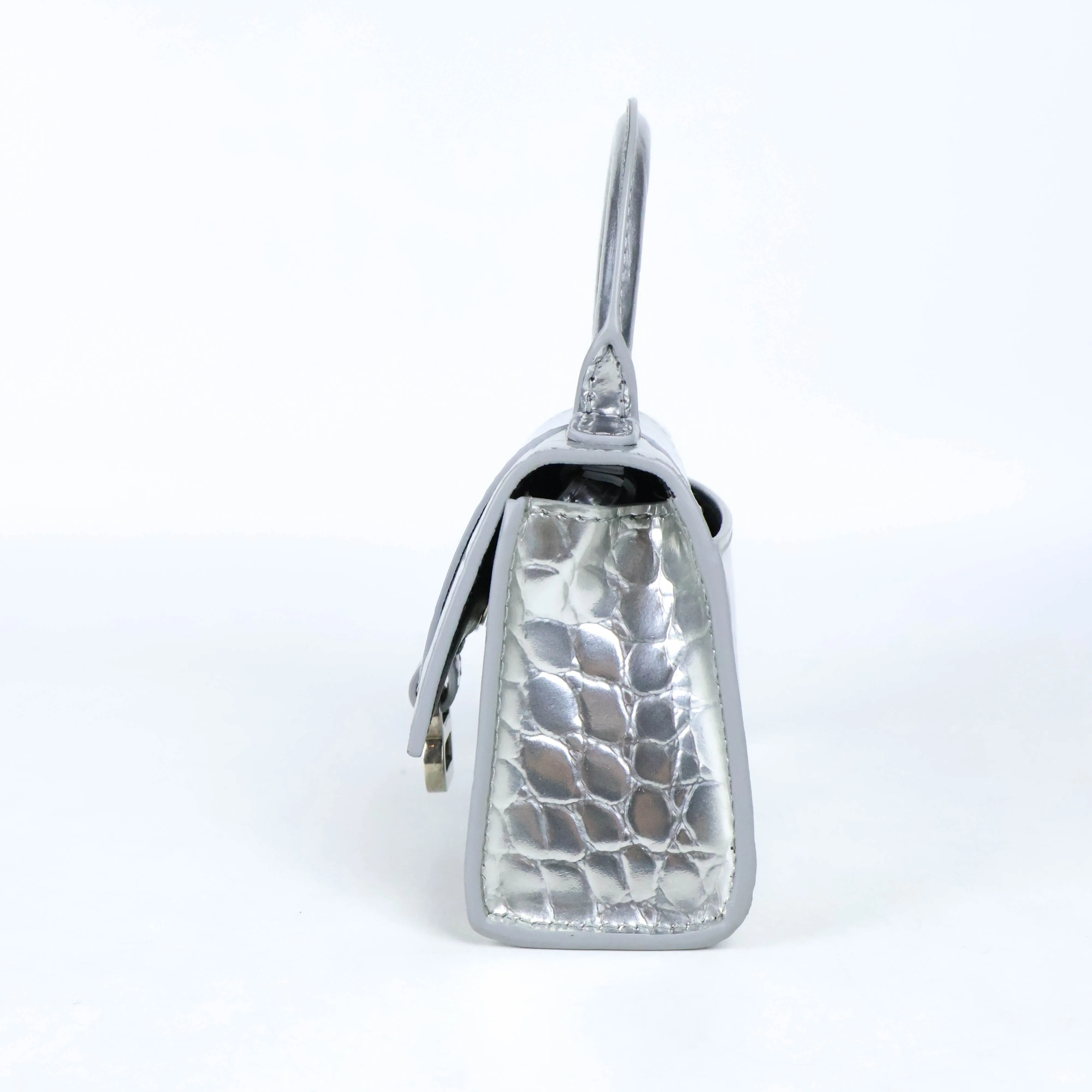 Balenciaga Hourglas Extra Small Croc Embossed Silver