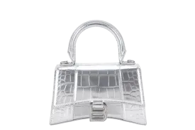 BALENCIAGA HOURGLASS XS SILVER METALLIC CROC-EFFECT LEATHER SILVER HARDWARE WITH SLING AND DUST COVER