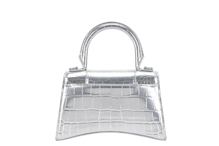 BALENCIAGA HOURGLASS XS SILVER METALLIC CROC-EFFECT LEATHER SILVER HARDWARE WITH SLING AND DUST COVER