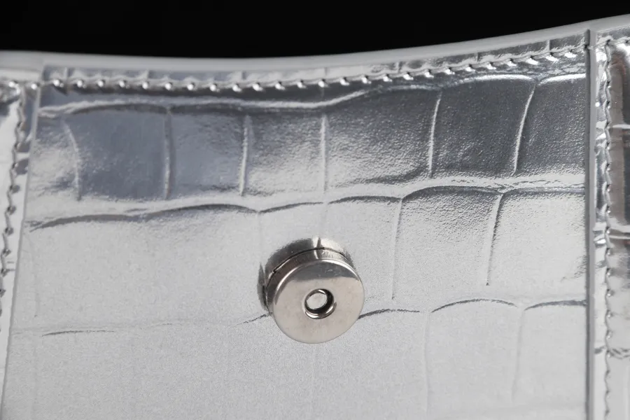 BALENCIAGA HOURGLASS XS SILVER METALLIC CROC-EFFECT LEATHER SILVER HARDWARE WITH SLING AND DUST COVER