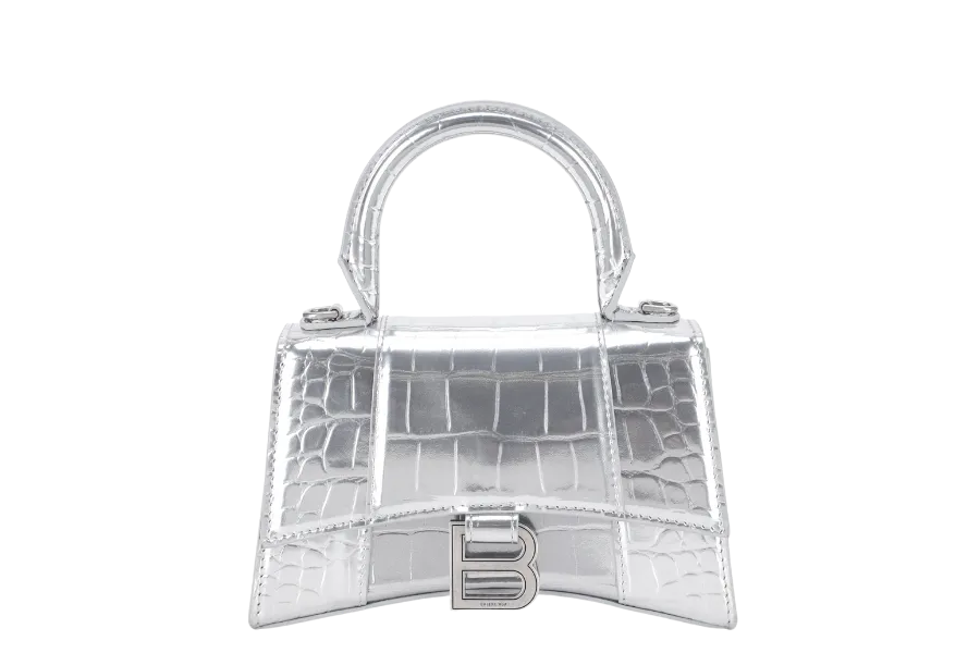 BALENCIAGA HOURGLASS XS SILVER METALLIC CROC-EFFECT LEATHER SILVER HARDWARE WITH SLING AND DUST COVER