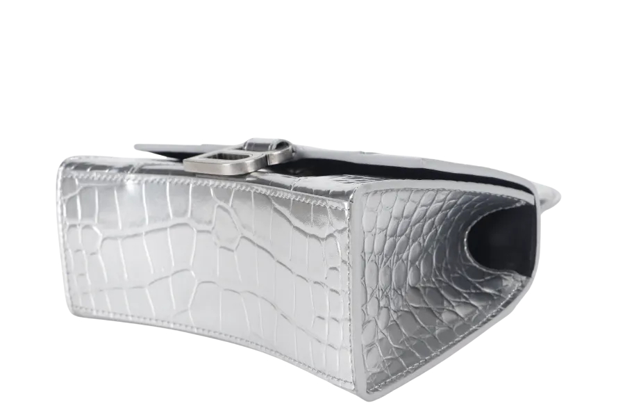 BALENCIAGA HOURGLASS XS SILVER METALLIC CROC-EFFECT LEATHER SILVER HARDWARE WITH SLING AND DUST COVER