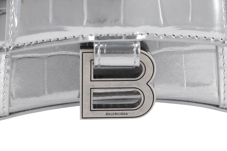 BALENCIAGA HOURGLASS XS SILVER METALLIC CROC-EFFECT LEATHER SILVER HARDWARE WITH SLING AND DUST COVER