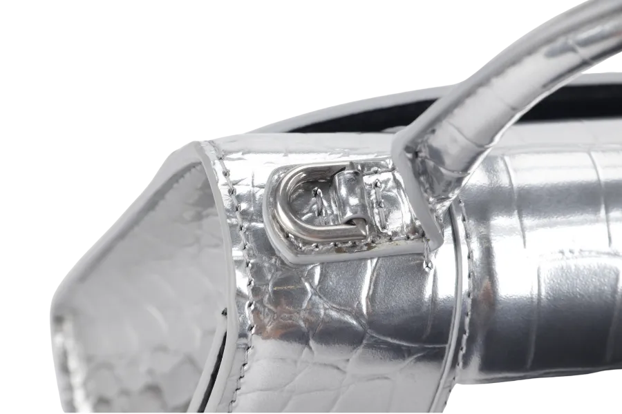 BALENCIAGA HOURGLASS XS SILVER METALLIC CROC-EFFECT LEATHER SILVER HARDWARE WITH SLING AND DUST COVER