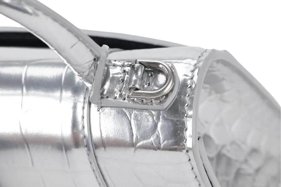 BALENCIAGA HOURGLASS XS SILVER METALLIC CROC-EFFECT LEATHER SILVER HARDWARE WITH SLING AND DUST COVER