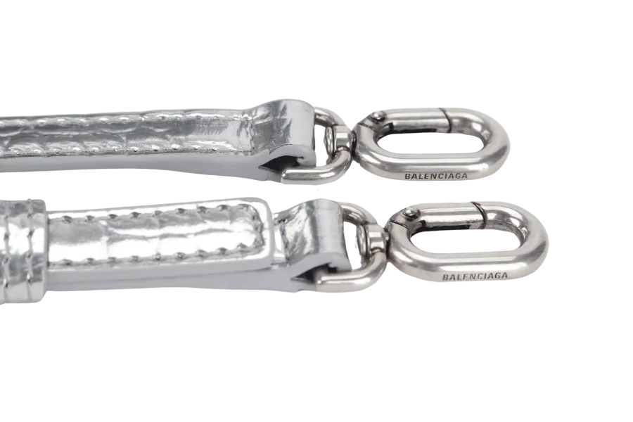 BALENCIAGA HOURGLASS XS SILVER METALLIC CROC-EFFECT LEATHER SILVER HARDWARE WITH SLING AND DUST COVER