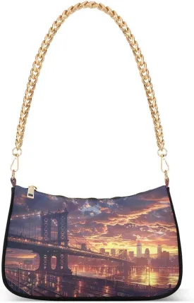 Beautiful Bridge Sunset Tote Bag Hobo Handbag Shoulder Bag for Women Ladies Mini Clutch Purse with Zipper Closure