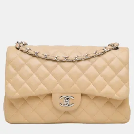 Beige Jumbo Classic Lambskin Double Flap