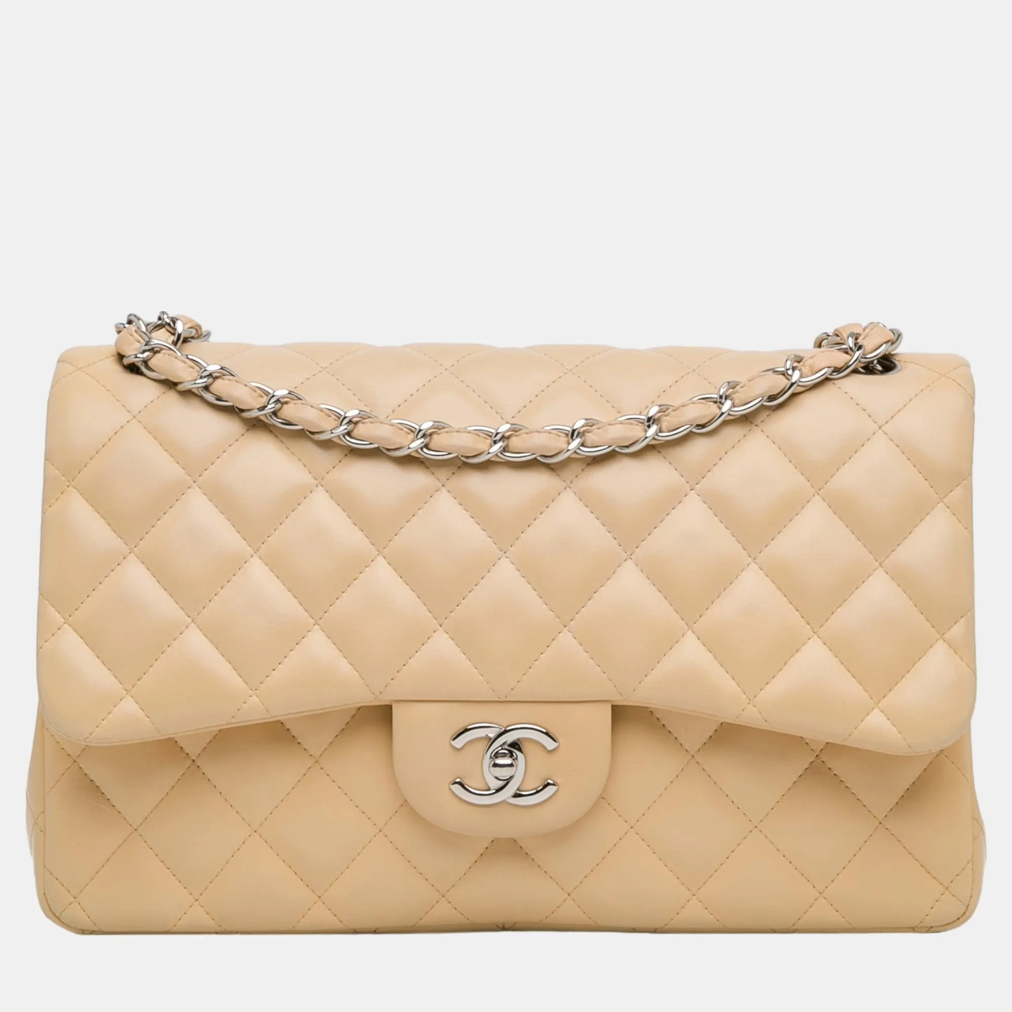 Beige Jumbo Classic Lambskin Double Flap