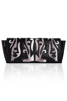 BLACK LEATHER CLUTCH WITH NATURAL SNAKESKIN DETAIL