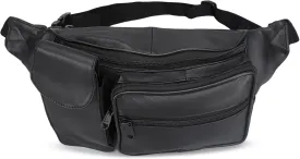 Black Solid Leather Fanny Pack 5 Pocket Travel Waist Belt Bag Cell Phone Holder