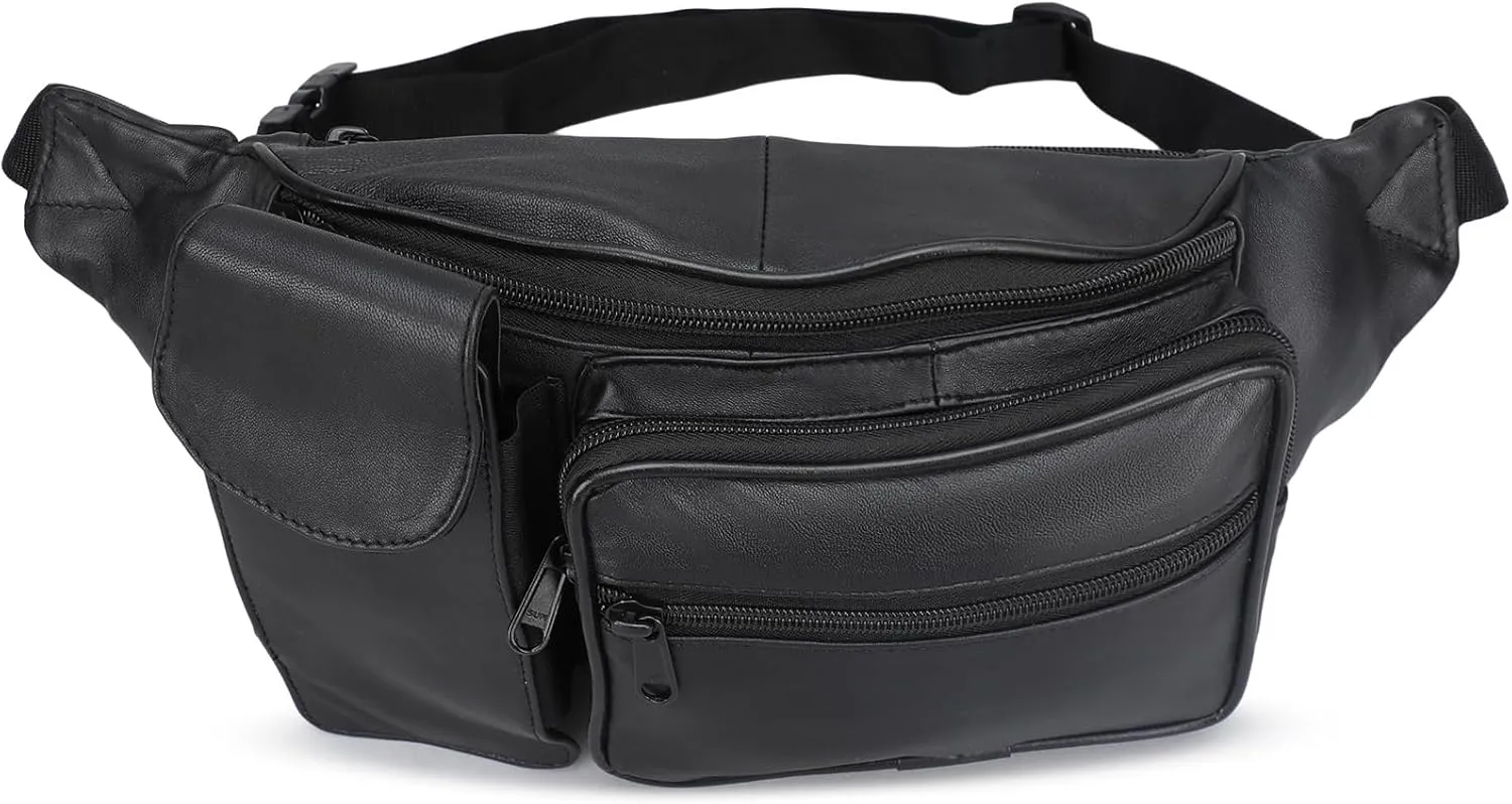Black Solid Leather Fanny Pack 5 Pocket Travel Waist Belt Bag Cell Phone Holder