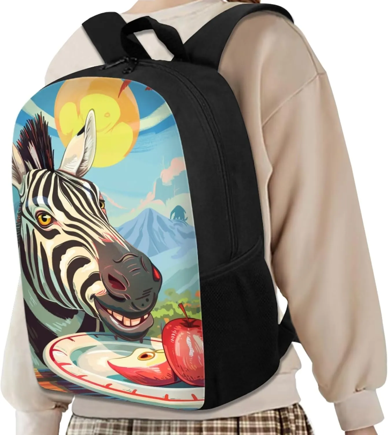 Boys Girls Print School Bag Set for Student Apple Zebra Backpack Set with Lunch Box Pencil Case Adjustable Shoulder Straps Bookbag for Kids Lightweight Daypack