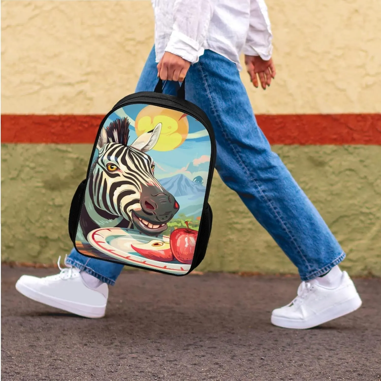 Boys Girls Print School Bag Set for Student Apple Zebra Backpack Set with Lunch Box Pencil Case Adjustable Shoulder Straps Bookbag for Kids Lightweight Daypack
