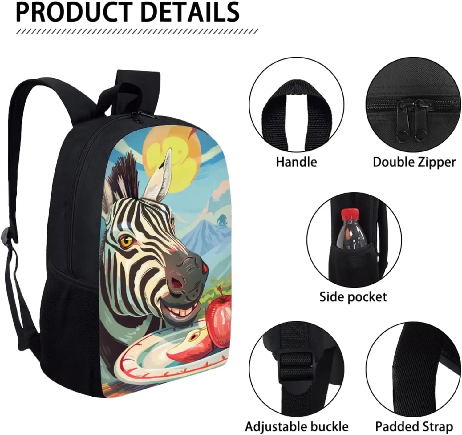 Boys Girls Print School Bag Set for Student Apple Zebra Backpack Set with Lunch Box Pencil Case Adjustable Shoulder Straps Bookbag for Kids Lightweight Daypack