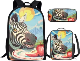 Boys Girls Print School Bag Set for Student Apple Zebra Backpack Set with Lunch Box Pencil Case Adjustable Shoulder Straps Bookbag for Kids Lightweight Daypack