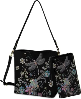 Bucket Crossbody Bag Set for Women Lady, Leather Purse and Wallet Set Large Bucket Bag with Wallet