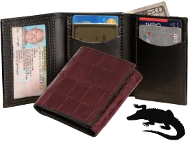 Burgundy Alligator Luxury Designer Exotic Trifold Wallet With ID Window