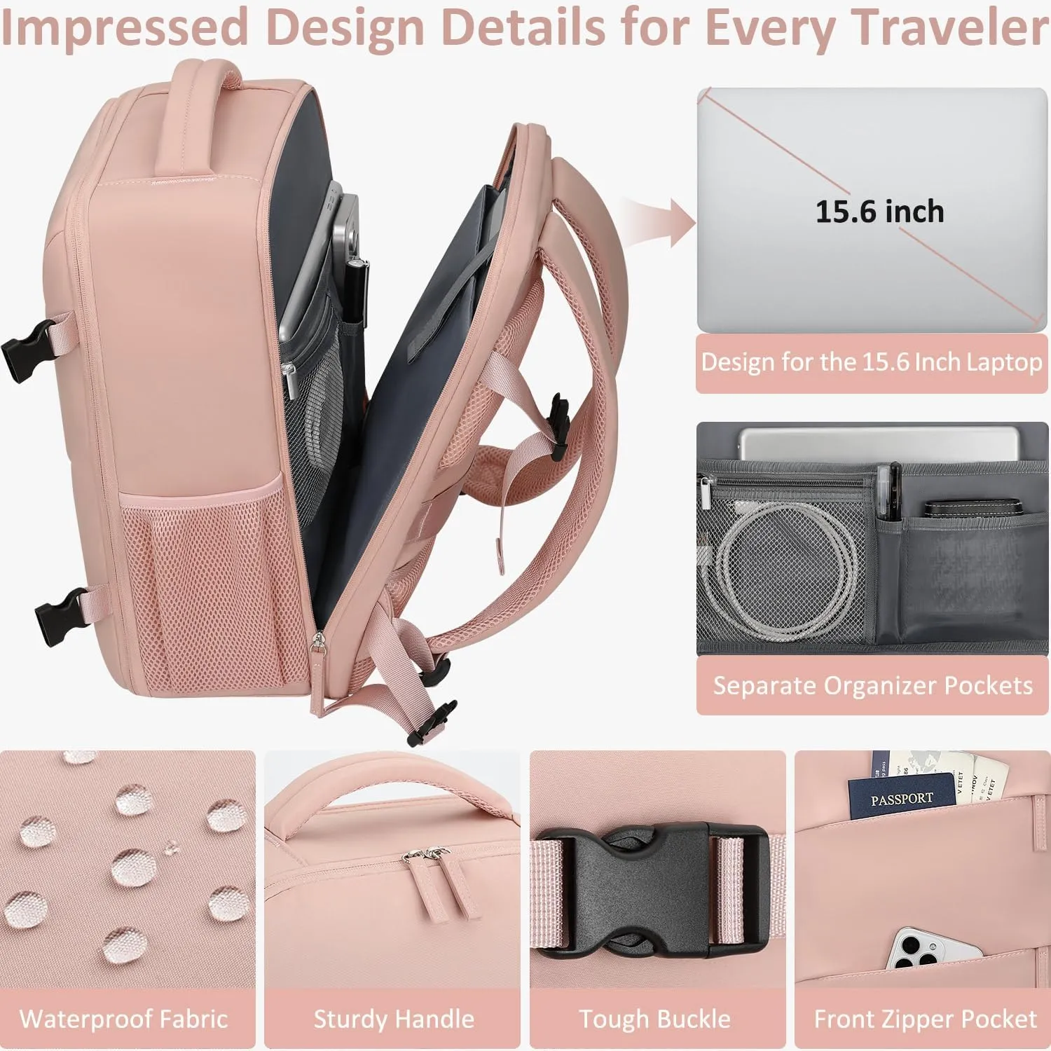 Carry on Backpack for Women TSA Approved 15.6 Inch Travel Laptop Backpack for Women Travel Essentials Womens Travel Backpack Suitcase Pink