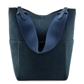 Celine Blue Suede Calfskin Sangle Bucket Bag