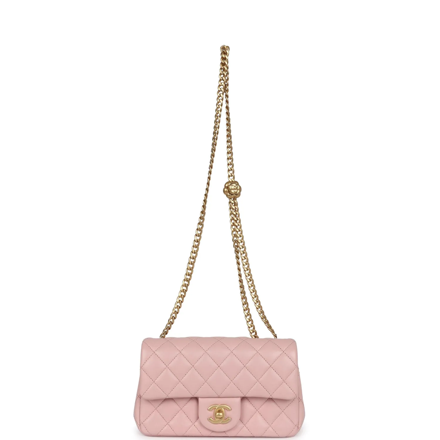 Chanel Mini Camellia Crush Rectangular Flap Rose Clair Lambskin Antique Gold Hardware
