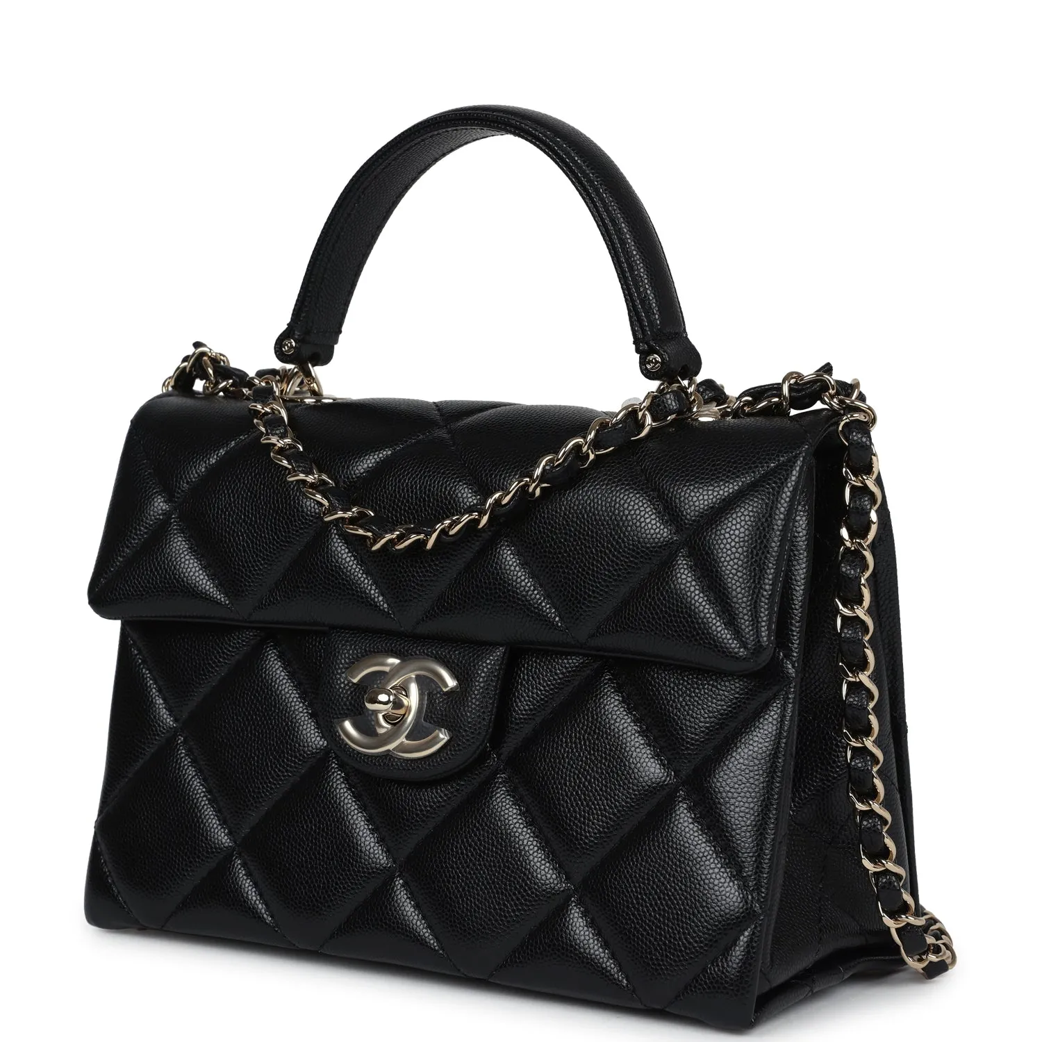 Chanel Small Square Top Handle Flap Bag Black Caviar Light Gold Hardware