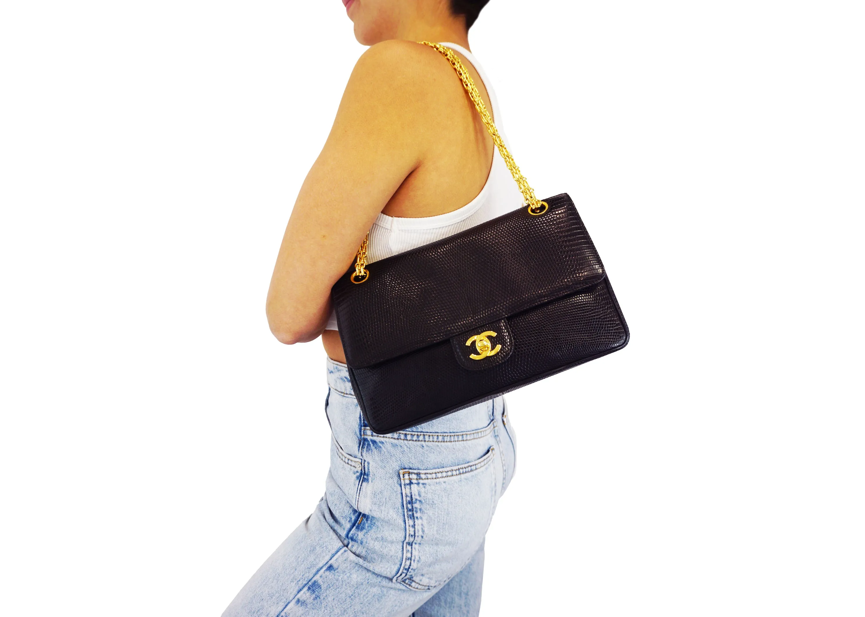 Chanel Vintage Rare Black Lizard Medium Classic Double Flap