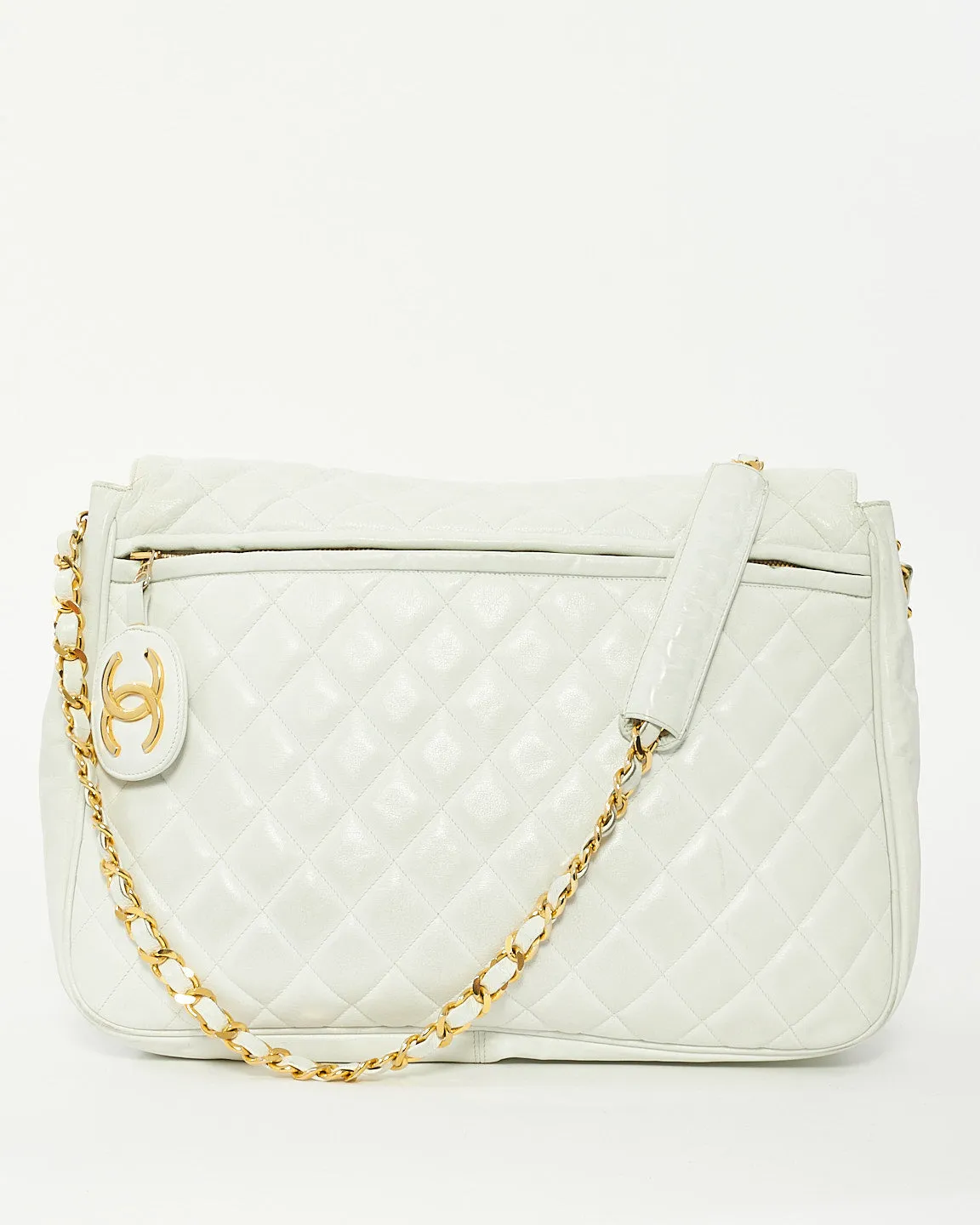 Chanel Vintage White Quilted Leather Large Flap Logo Messenger Bag