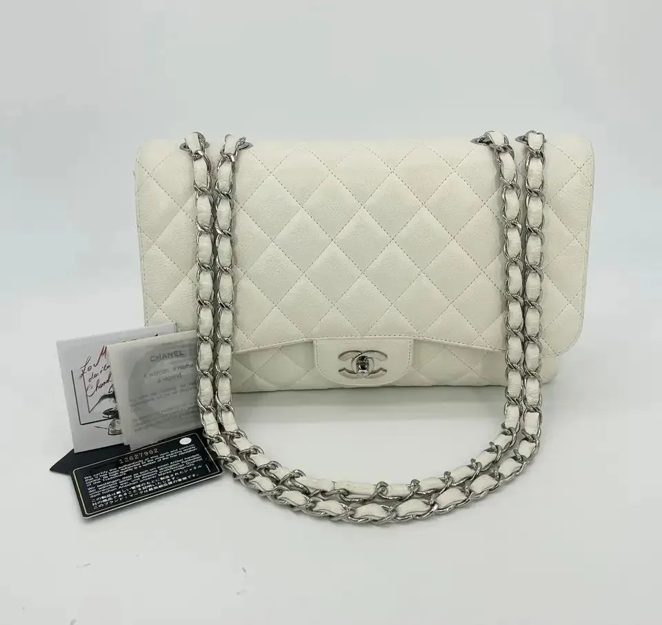 Chanel White Caviar Quilted Jumbo Single Flap Classic