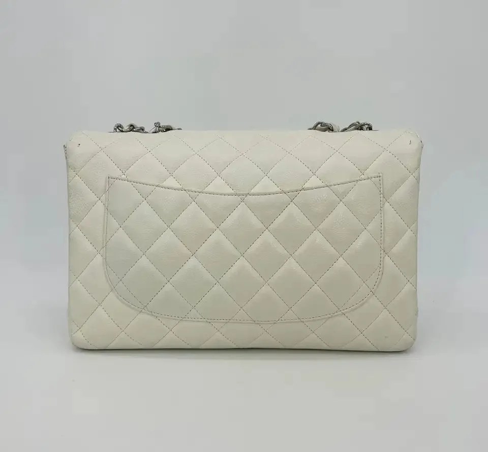 Chanel White Caviar Quilted Jumbo Single Flap Classic