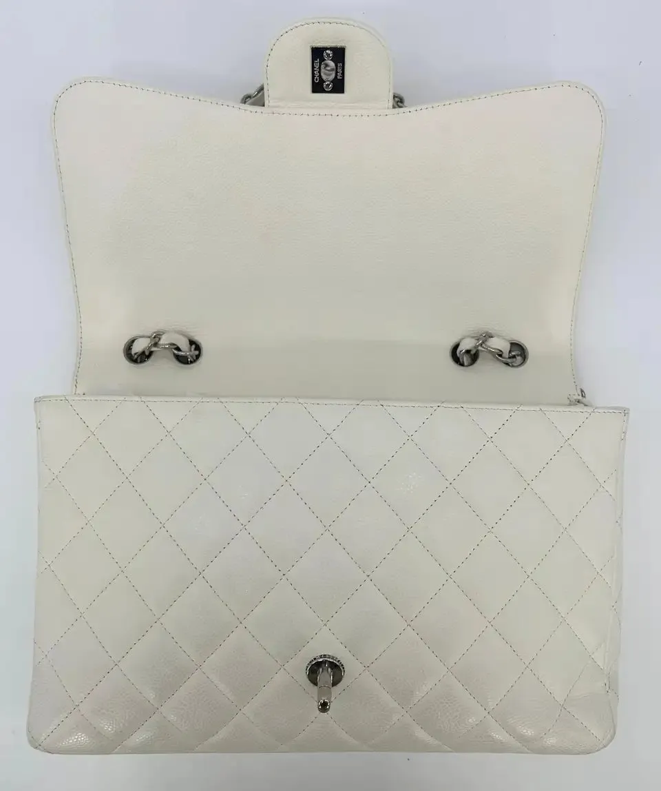 Chanel White Caviar Quilted Jumbo Single Flap Classic