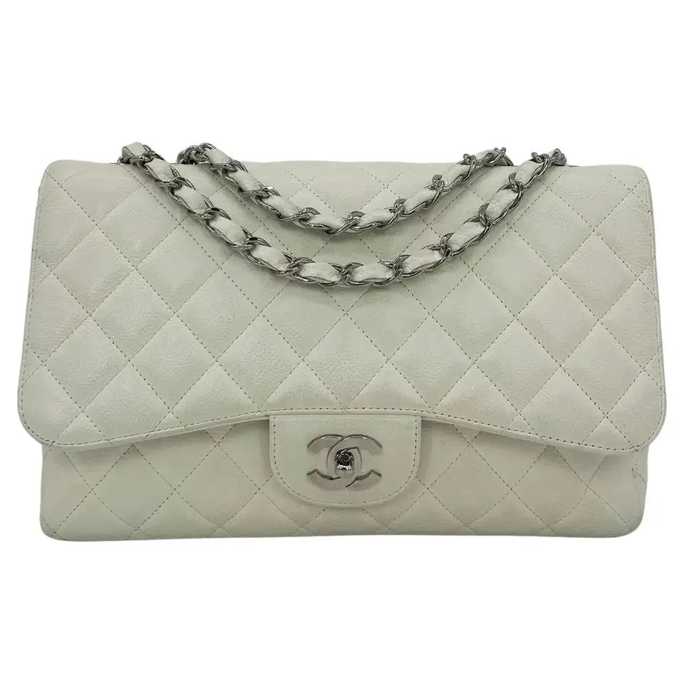 Chanel White Caviar Quilted Jumbo Single Flap Classic