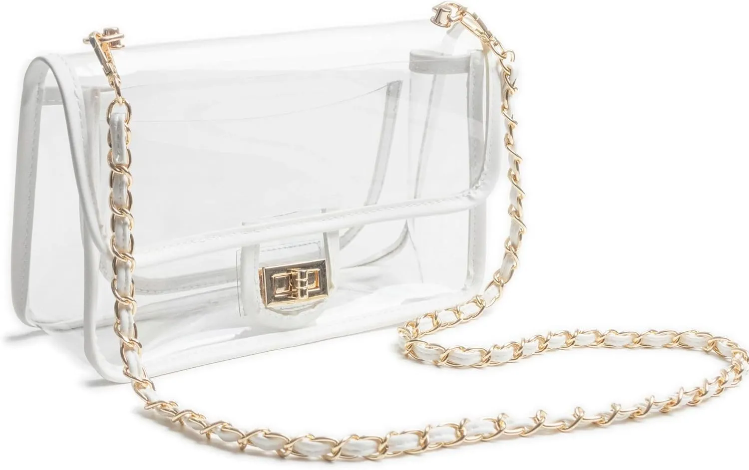 Clear PVC Crossbody Bag with Chain Strap and Secure Lock Flap for Women, Chic Stadium-Approved Transparent Purse, Waterproof & Durable, White
