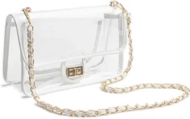 Clear PVC Crossbody Bag with Chain Strap and Secure Lock Flap for Women, Chic Stadium-Approved Transparent Purse, Waterproof & Durable, White