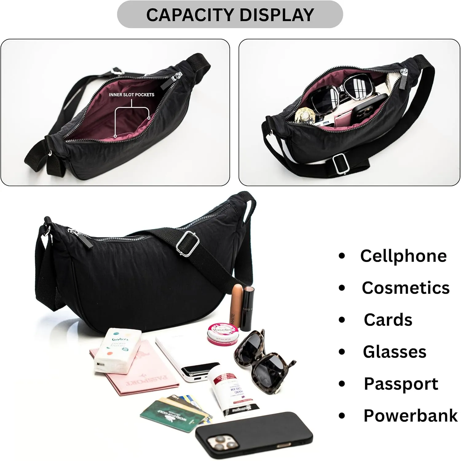 Crescent Moon Shoulder Bag for Women  Lightweight Fabric Crossbody Hobo Sling with Zip Pocket  Sky
