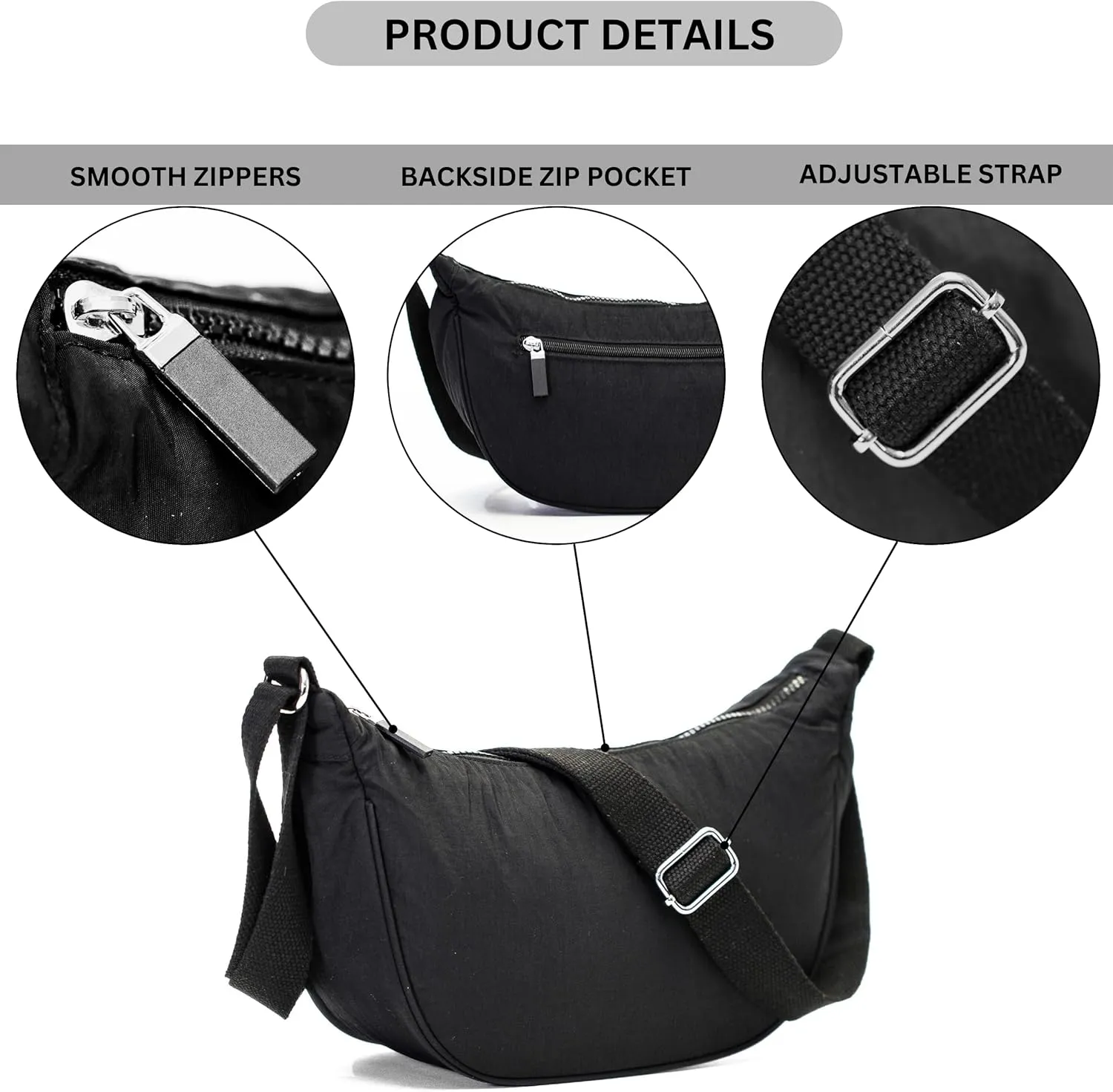 Crescent Moon Shoulder Bag for Women  Lightweight Fabric Crossbody Hobo Sling with Zip Pocket  Sky